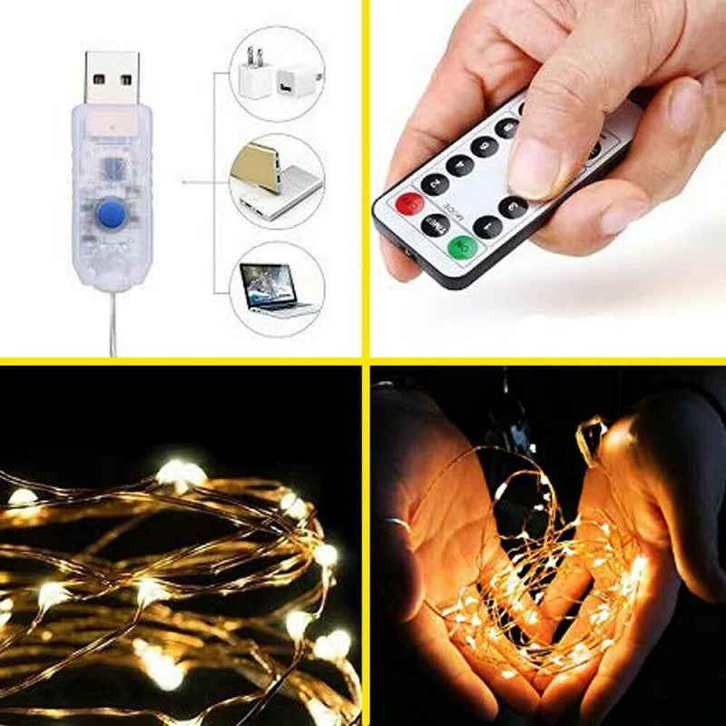Ljusslinga med koppartråd och USB, fjärrkontroll