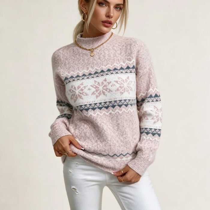 Kvinna i rosa stickad tröja med Fair Isle-band av snöflingor
