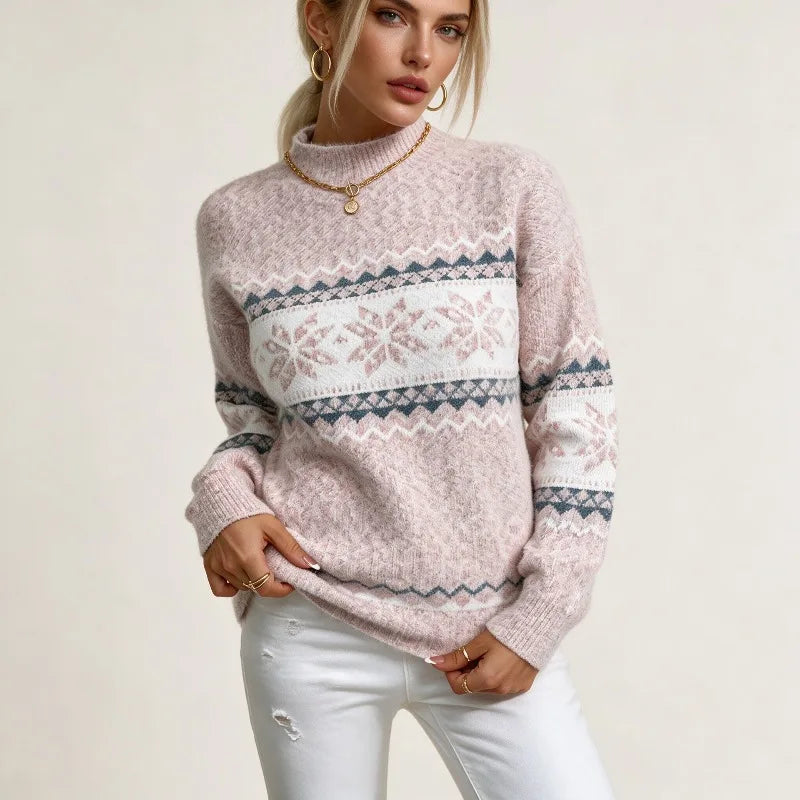 Kvinna i rosa stickad tröja med Fair Isle-band av snöflingor