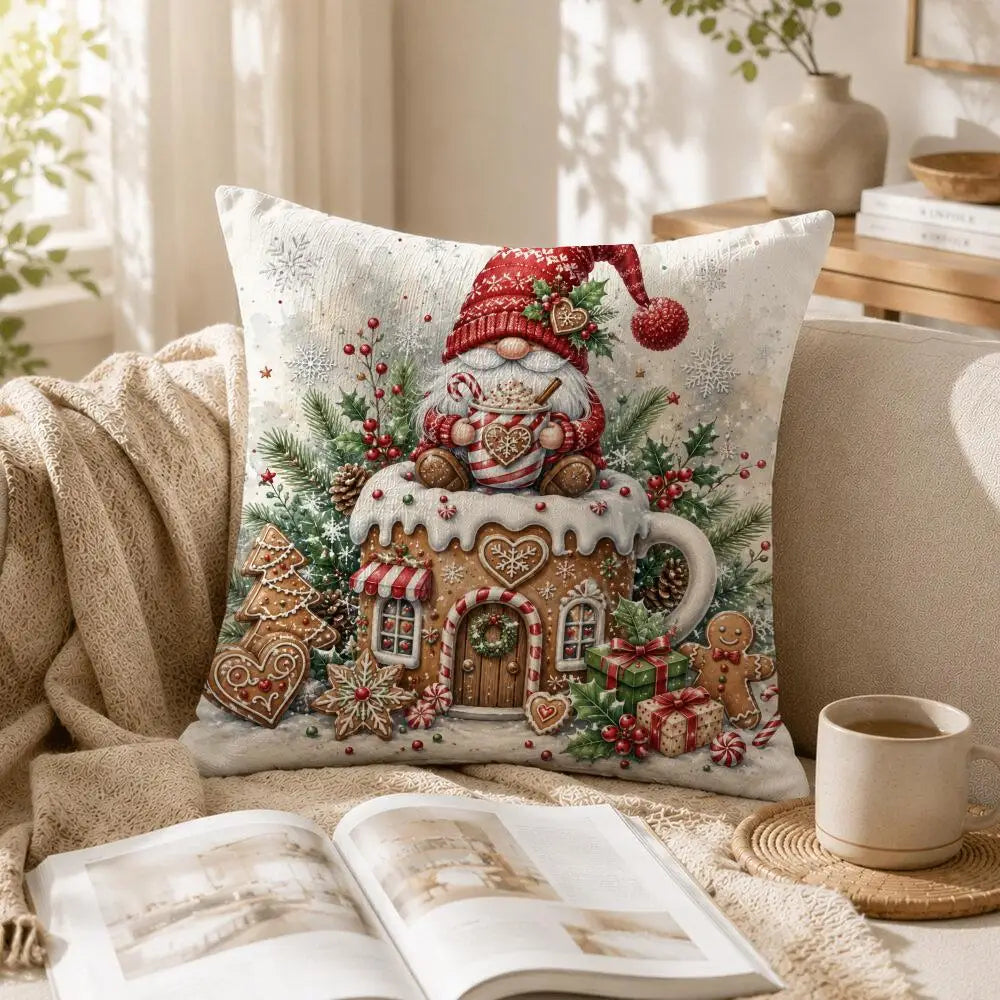 Julkudde tomte vid pepparkakshus