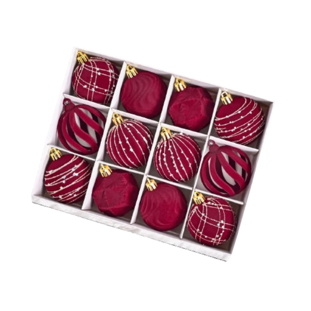 Julgranskulor sammet med glittermönster, 12-pack – Röd