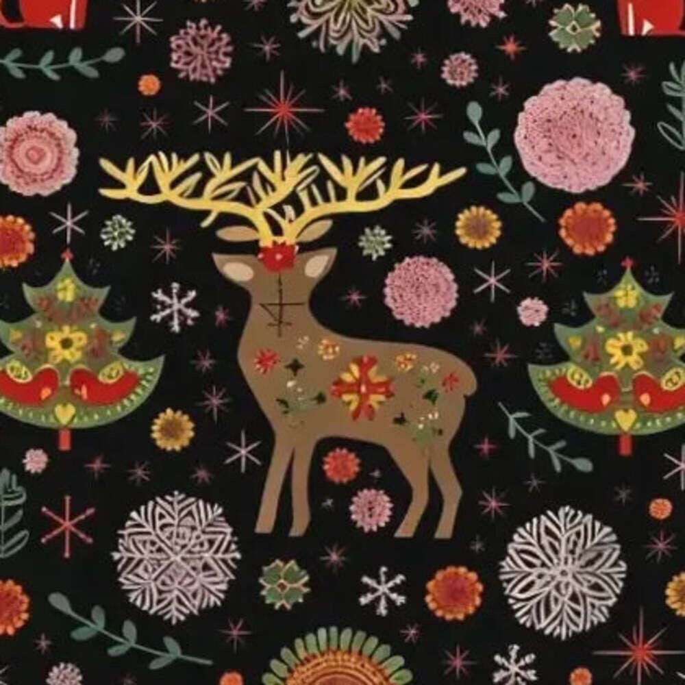 Närbild på det tryckta folkkonstmotivet med hjort, blommor och fåglar
