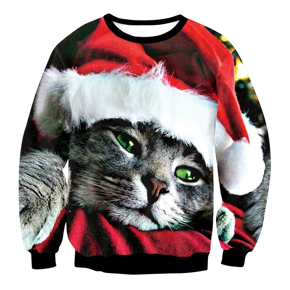 Ful jultröja med en grå katt i röd tomteluva