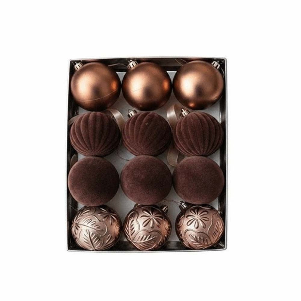 Julgranskulor i box, 12-pack, blandade ytor – Kopparbrun