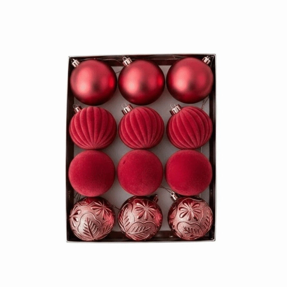Julgranskulor i box, 12-pack, blandade ytor – Röd