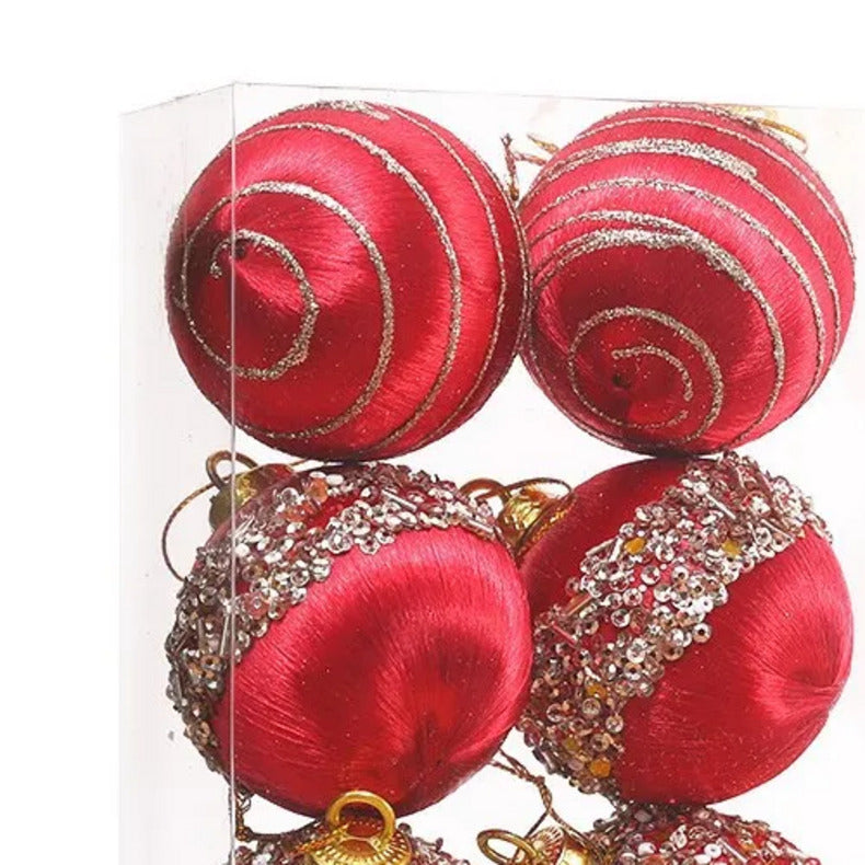 Julgranskulor i röd sammet med paljetter, 6-pack