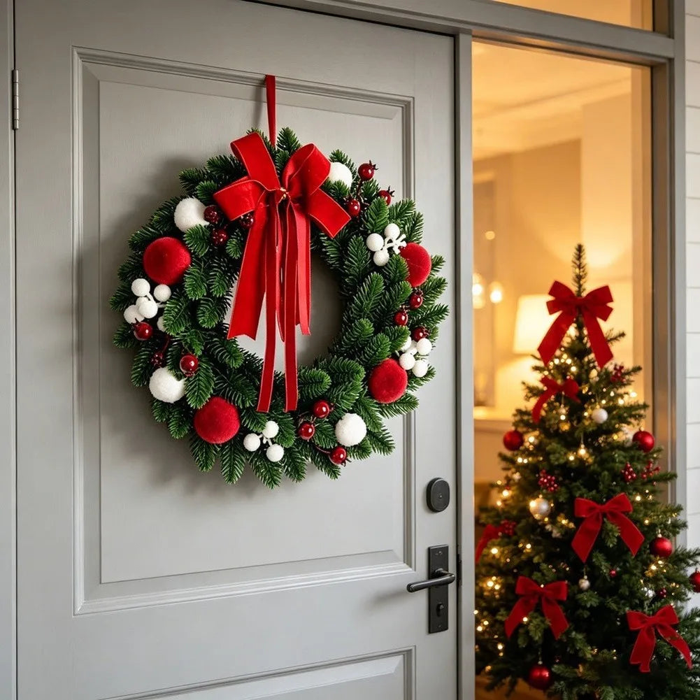 Julkrans i granris upphängd på en ytterdörr