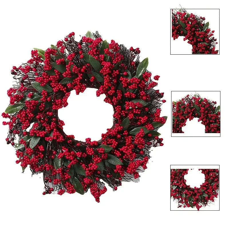 Närbild på de röda bären på julkransen
