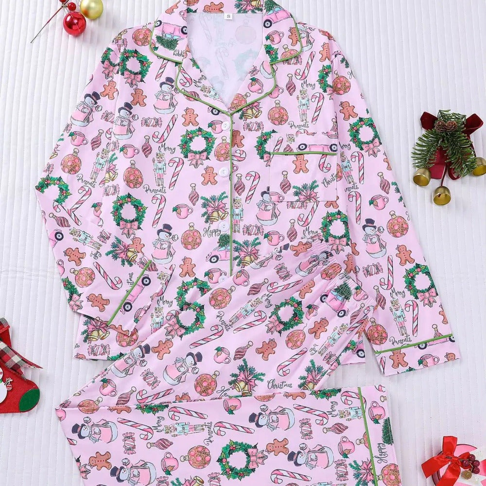 Rosa julpyjamas för dam, skjorta och byxor