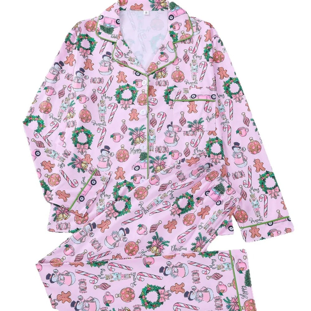 Rosa julpyjamas för dam, skjorta och långbyxor