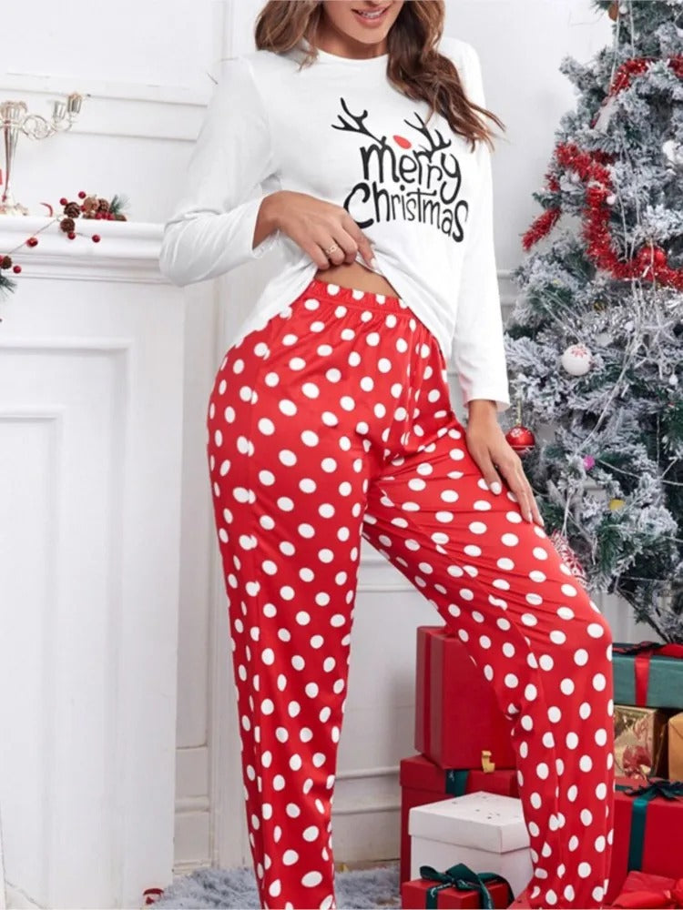 Julpyjamas för dam, vit tröja med röda prickiga byxor