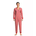 Randig julpyjamas onesie för vuxna i rött och vitt med huva