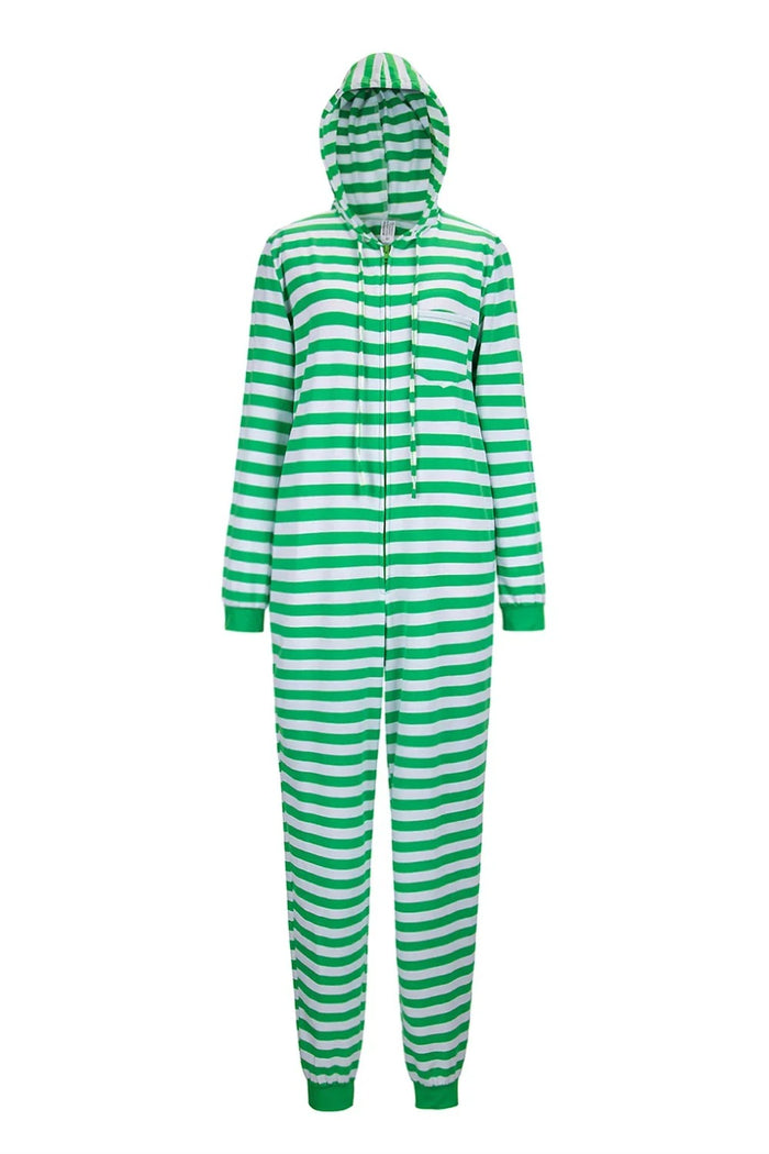 Randig julpyjamas onesie för vuxna i grönt och vitt med huva