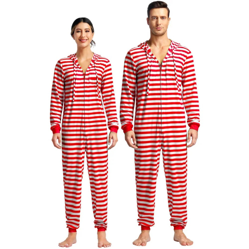 Randig onesie i rött och vitt, en dam och en herr