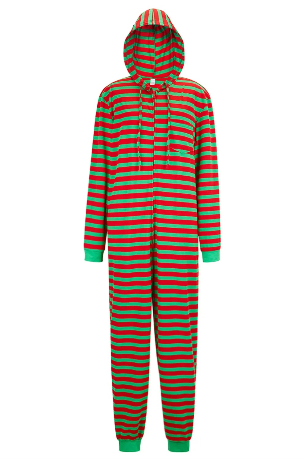Randig julpyjamas onesie för vuxna med röda och gröna ränder och huva