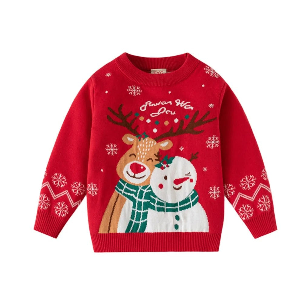 Röd stickad jultröja för barn med en ren och en snögubbe